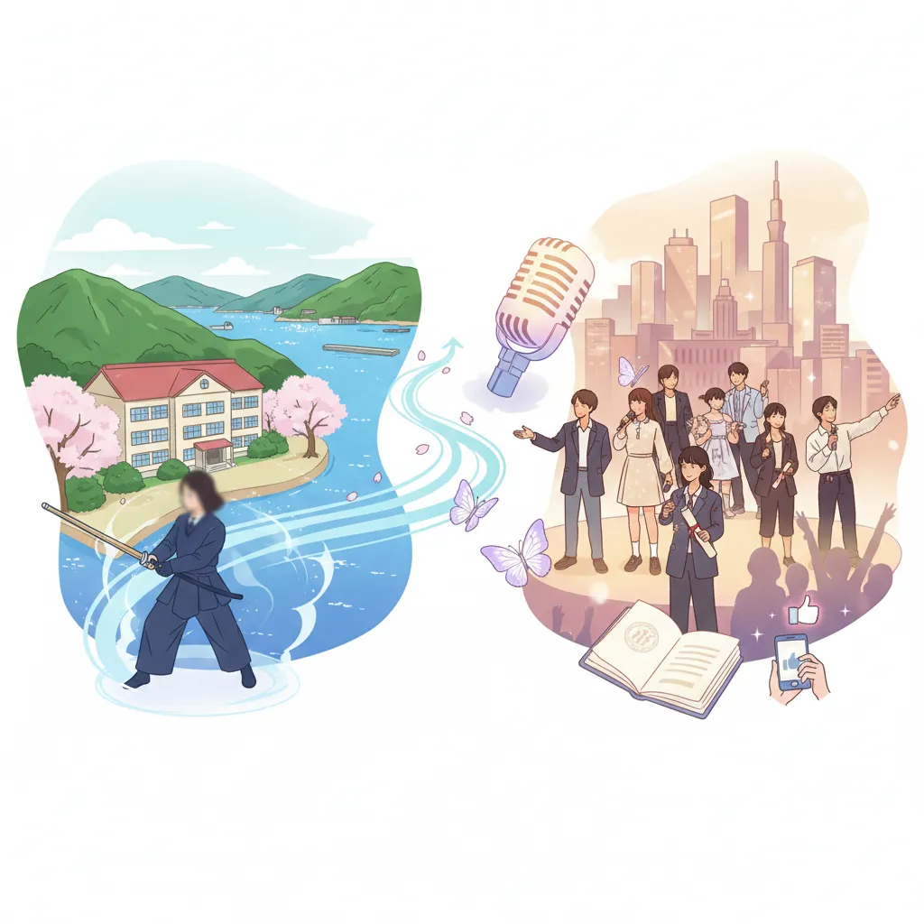 五百城茉央さんの学生時代と芸能活動の軌跡を示すイラスト。左側には神戸の高校と剣道に打ち込む学生服の女性が描かれ、右側には東京のビル群とマイクを持ち歌うアイドルグループのメンバーが描かれています。