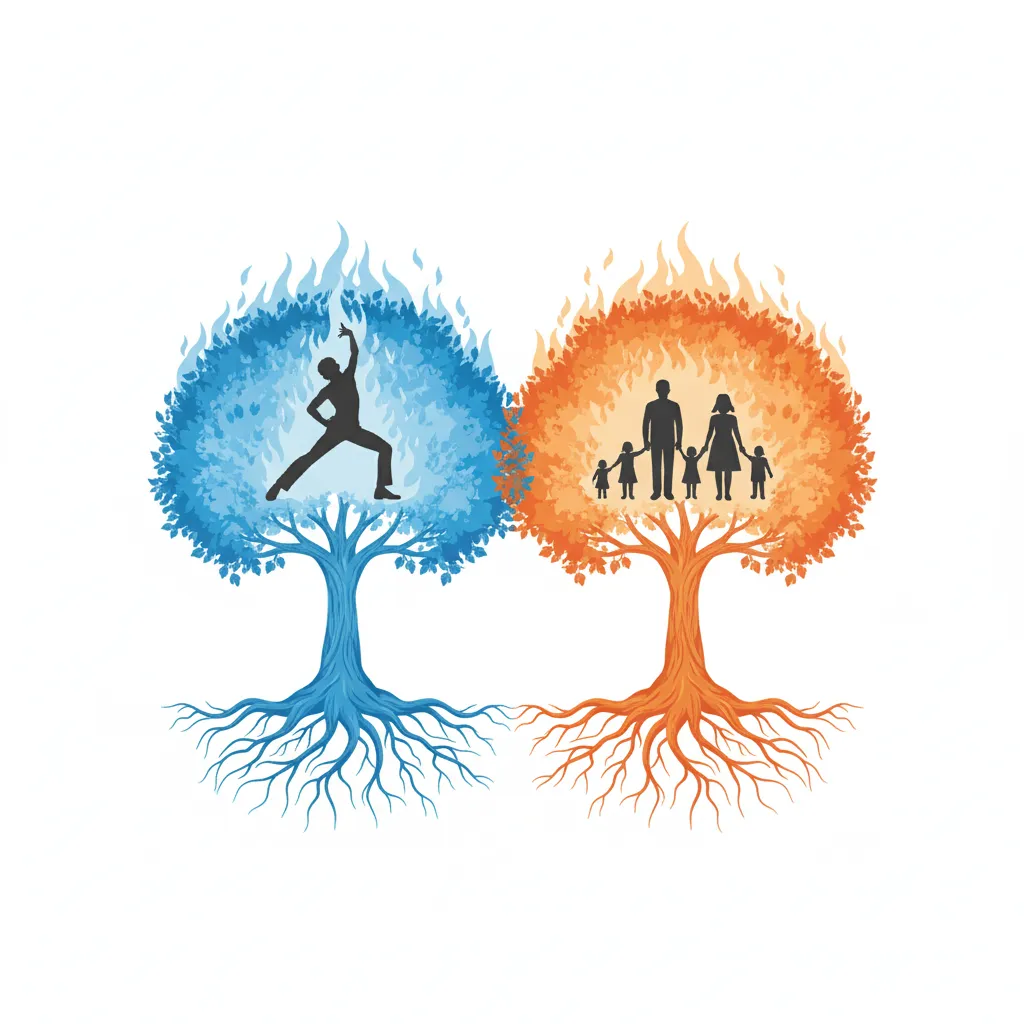 豊かな根を張る二本の生命の樹が並び、それぞれが根を張っているイラスト。左の青い樹からは青い炎のようなエネルギーが立ち上り、その中にプロの男性ダンサーらしき人物が力強くポーズをとっている。右のオレンジ色の樹からは温かいオレンジ色の炎が立ち上り、その中に家族のシルエットが描かれている。