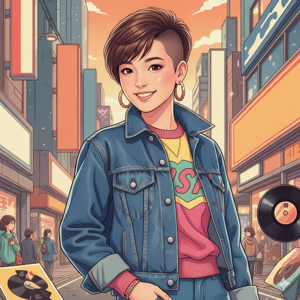 80年代の日本の街並みを背景に、ショートカットにデニムジャケットを着た女性が微笑んでいるイラスト。文字やロゴは全て排除され、背景にはレコードが浮遊し、当時のアイドルカルチャーを象徴している。
