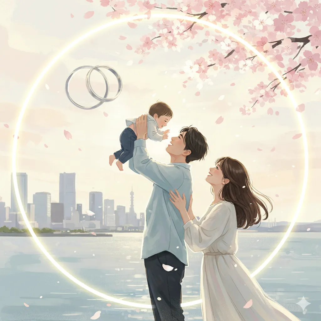 桜が舞う横浜の風景を背景に、赤ちゃんを抱き上げて微笑む父親と、それを見つめる母親の姿。二人の頭上には光る結婚指輪が浮かび、家族の幸せな瞬間を象徴している。