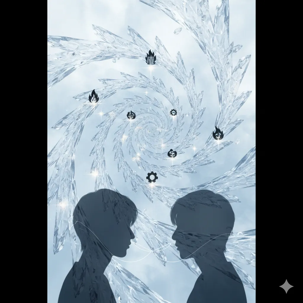 2人の人物のシルエットが向かい合い、その上には氷のような螺旋と様々なアイコンが浮かんでいる抽象的な画像。