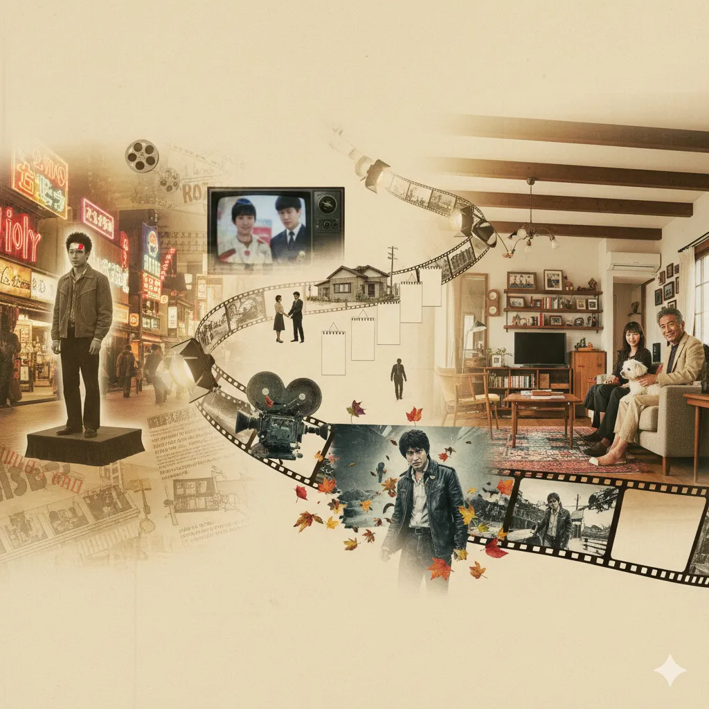 映画のフィルムが時系列に沿って光石研さんの人生の節目を巡る様子を描いたコラージュ画像。左側は若き日の光石さんが映画デビューした頃の活気ある街並み、中央にはテレビドラマ出演時の姿や仕事が減り苦悩する時期の様子、右側には奥様や愛犬との現在の穏やかな生活、そしてリフォームされたおしゃれな自宅が配置されている。紅葉の葉が舞い、過去から現在への時の流れと人生の深まりを表現している。