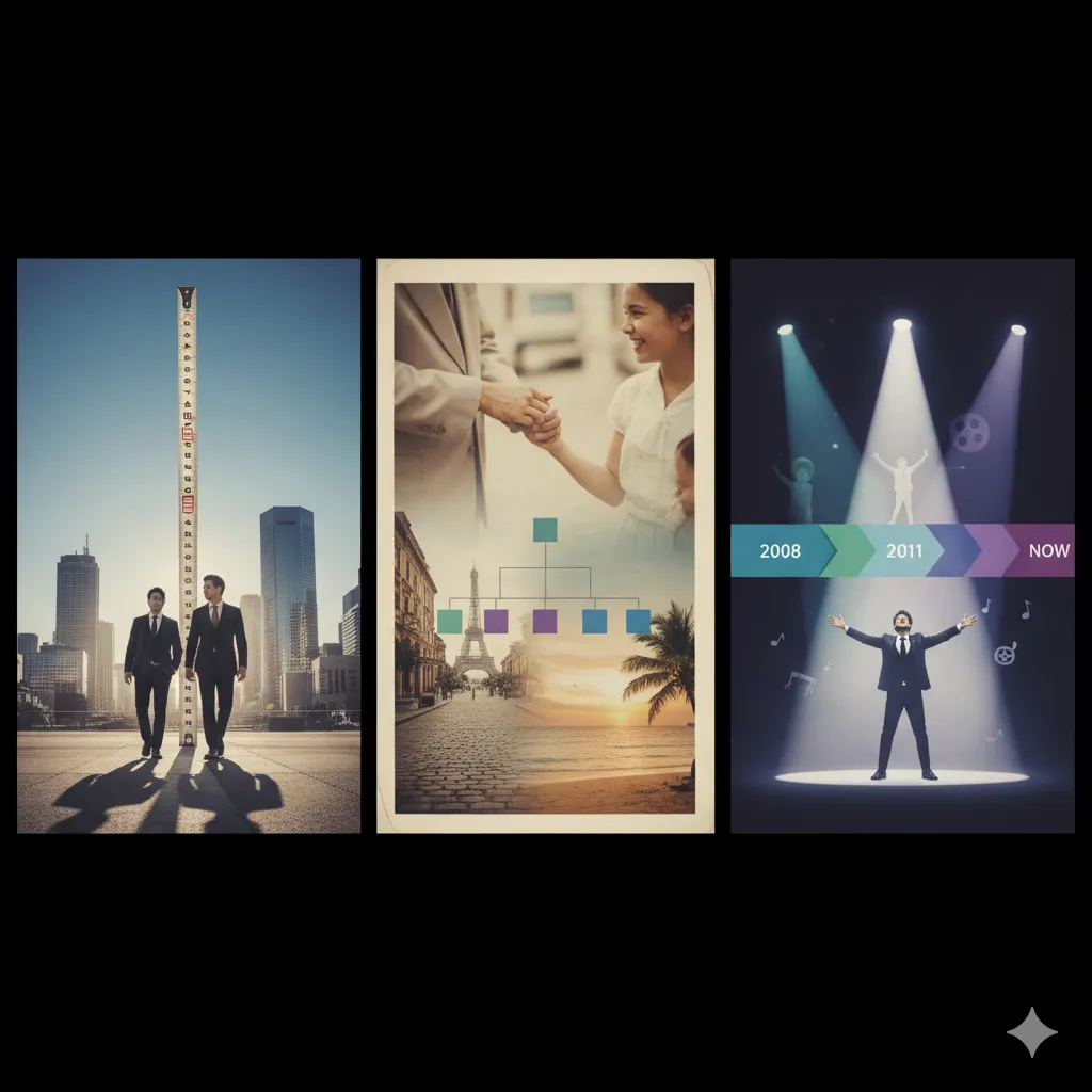 男性がメジャーの横を歩き、成長を象徴する身長の推移。家族のルーツを示す系図の背景に、パリの街並みとフィリピンのビーチが描かれたコラージュ。ステージ上でスポットライトを浴びる男性と、彼のキャリアの変遷を示すタイムライン。