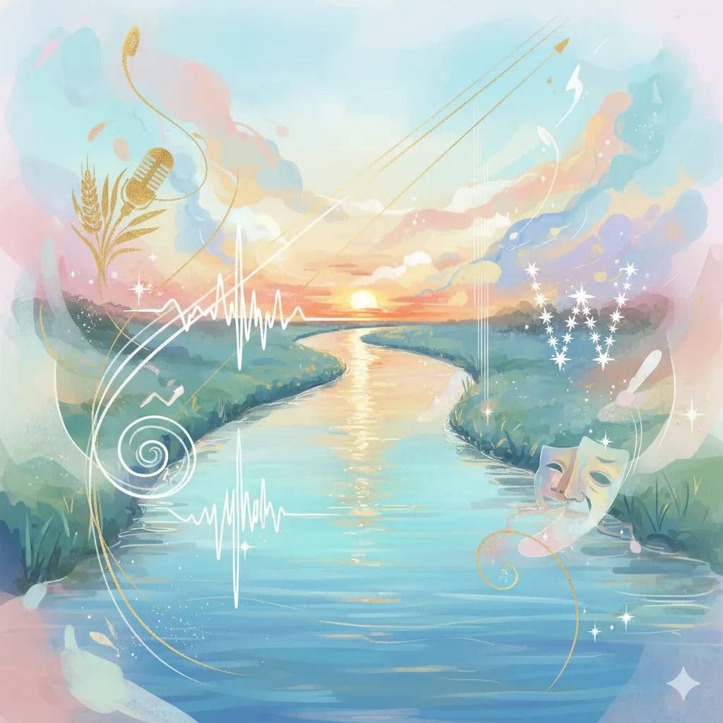 夕焼け空の下を流れるアルノ川と、歌唱力、俳句、舞台、アイドル活動を象徴する抽象的なモチーフ