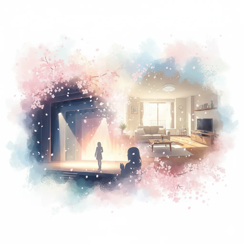 舞台でスポットライトを浴びる人物と、桜が舞い散る穏やかなリビングルームの様子を水彩画風にコラージュしたイメージ。公私を両立する女性のキャリアとプライベートを象徴している。