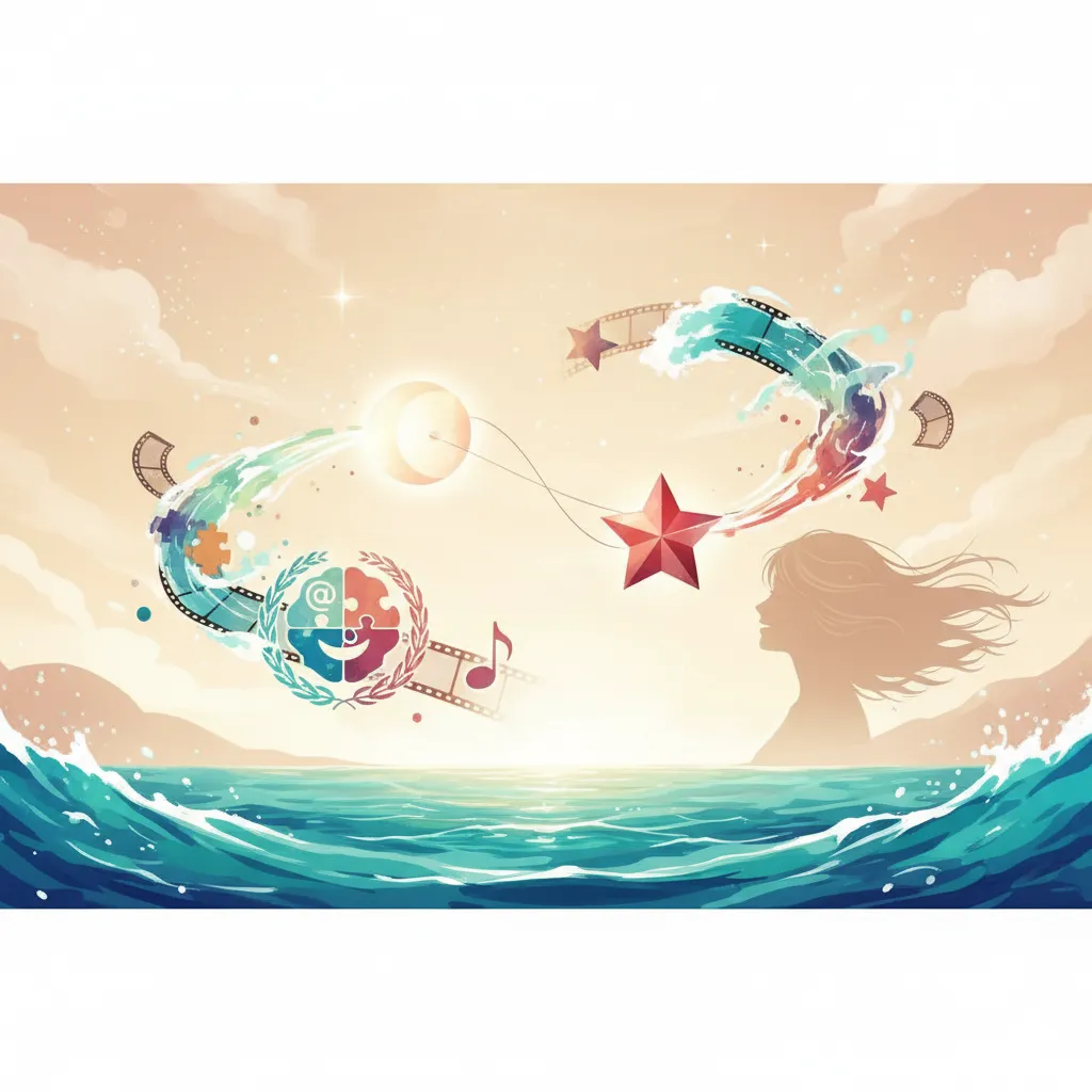 沖縄の海と空を背景に、女優としてのキャリア、故郷への思い、そして運命的な出会いを象徴する抽象的な要素が組み合わされたイラスト。映画フィルム、音楽記号、パズルのピース、そしてカズレーザーを思わせる赤い星が、水の流れのように繋がり、柔らかな光を放つ。