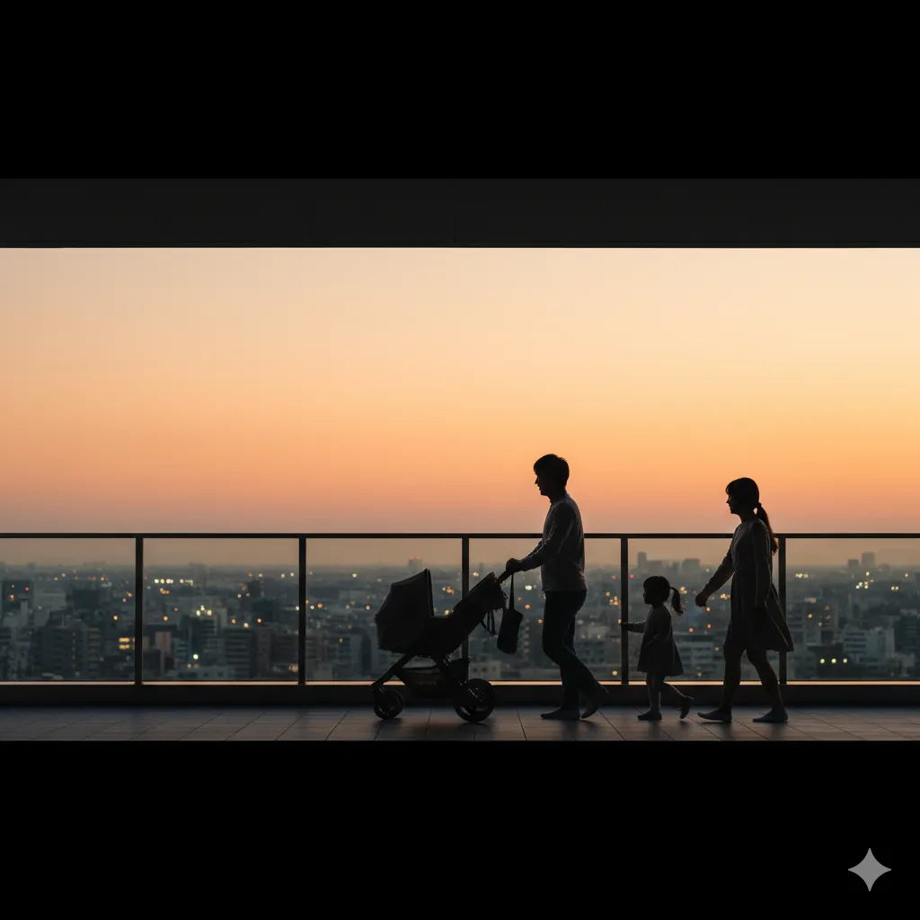 夕焼け空を背景に、ベビーカーを押す夫婦と小さな女の子がテラスを歩くシルエット