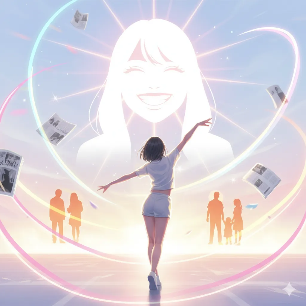 ステージで舞う女性と、その上に輝く笑顔のイメージ。周囲には家族のシルエットや雑誌のページが浮かぶ。