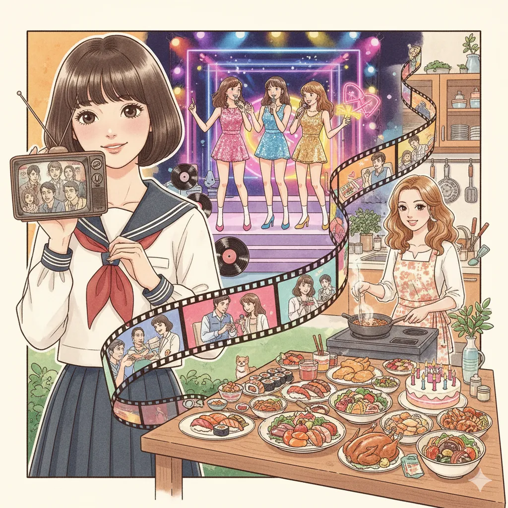 小川菜摘さんの若い頃から現在までの経歴をイラストで表現。左側にはセーラー服姿の若い女性が小さなテレビを持ち、デビュー作の共演者が映る場面。そこから続くフィルムリールには、アイドルユニット「オナッターズ」としてステージで歌う姿、夫・浜田雅功さんとの出会いを思わせる男女の会話シーンなどが描かれています。右側にはエプロン姿の女性がキッチンで料理をする様子、そして豪華な手料理が並ぶ食卓が描かれており、家庭的な側面と現在の充実した生活を象徴しています。キャプション: 小川菜摘さんの輝かしい経歴をイラストで描いたイメージ。デビュー時の初々しい姿からアイドルとしての活躍、そして現在の家庭での料理上手な一面まで、その多才な魅力の変遷を表現しています。