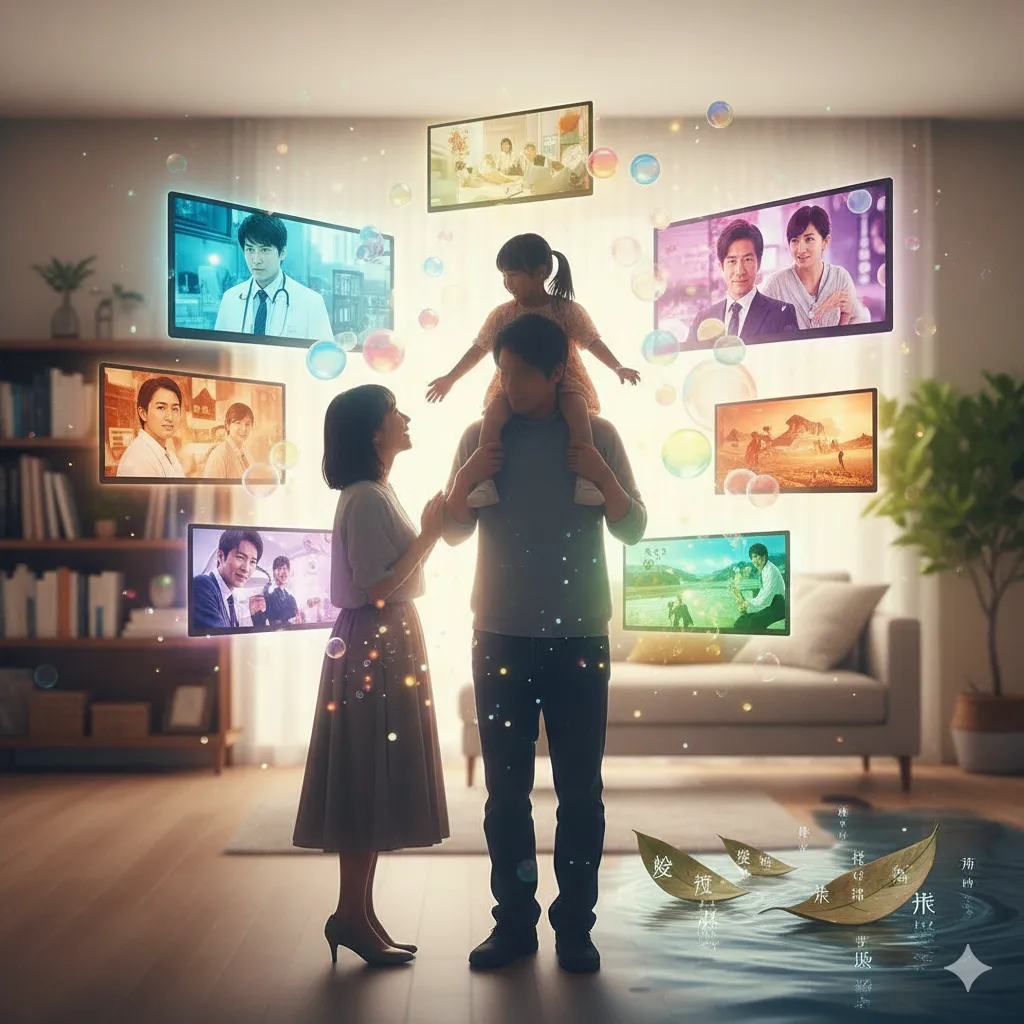 家族がリビングでくつろぎ、周囲に浮かぶ複数のスクリーンに様々なドラマや映画のシーンが映し出されている様子。肩車された子供が笑顔で、両親も温かい眼差しを交わしている。床には水面に葉っぱが浮かび、穏やかな雰囲気を醸し出している。