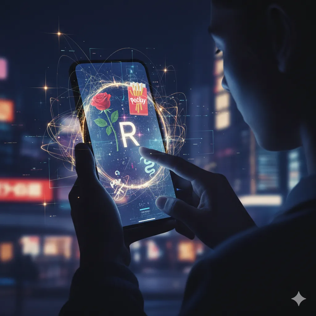 夜景を背景に、スマートフォンを操作する人物の背中越しの視点。スマートフォンの画面には、バラ、イニシャルの「R」、ポッキーの箱、蛇のイラストが未来的なデザインで表示され、それらの要素が輝く光のネットワークで繋がっている様子が描かれている。
