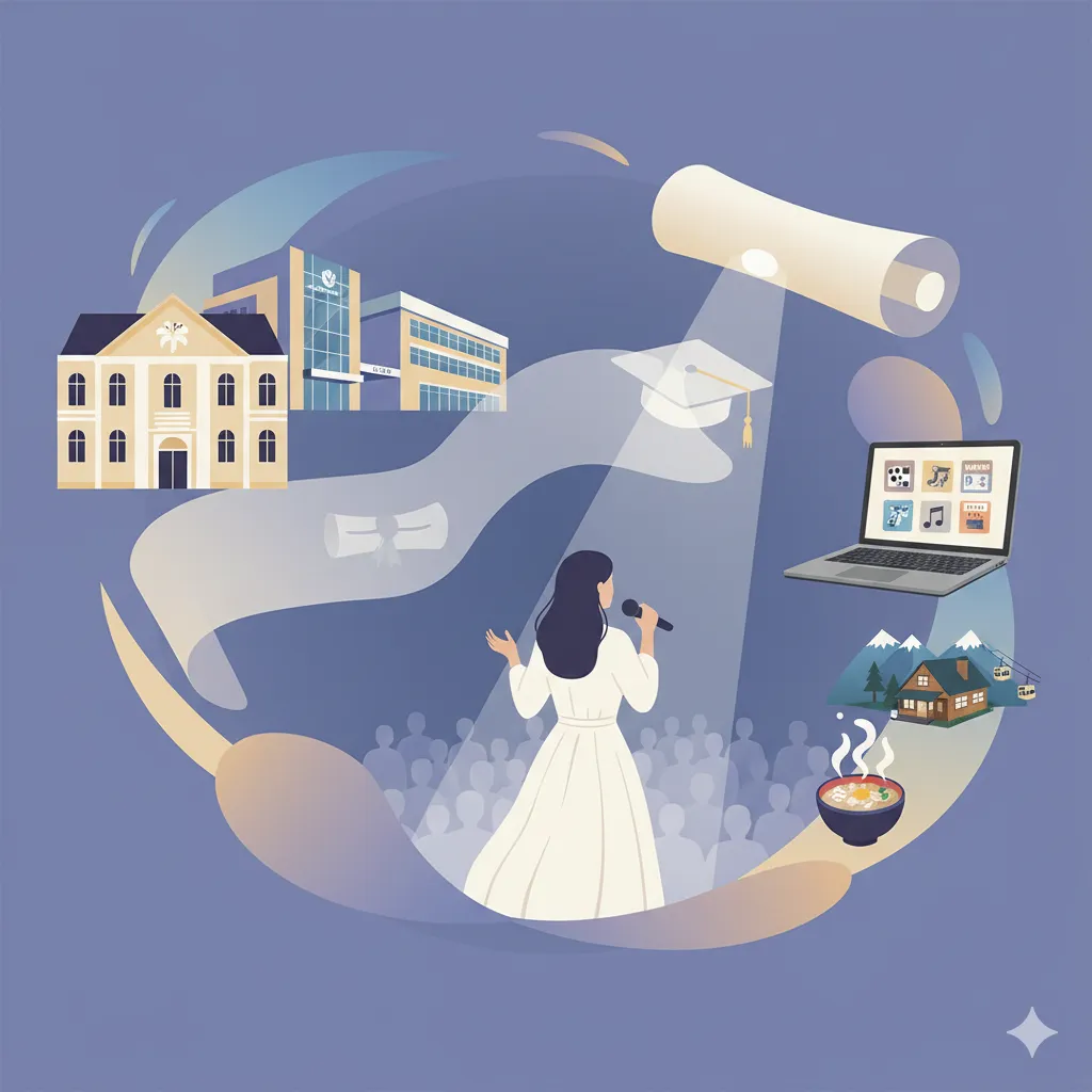 スポットライトを浴びて歌う女性を中心に、学校、卒業証書、パソコン、別荘、牛丼など、彼女の学歴や生い立ち、キャリアを象徴する要素が円形に配置された抽象的なイラスト。