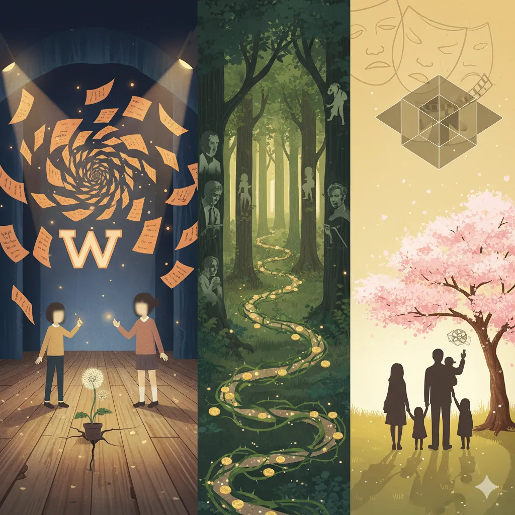 堺雅人さんの若い頃の演劇活動、俳優としての道のり、そして家族との温かい交流を象徴する3つのシーンをコラージュしたイラスト。左には劇場のステージで脚本の紙が舞い、中央には森の中の茨の道、右には桜の木の下で家族が手を取り合う姿が描かれている。