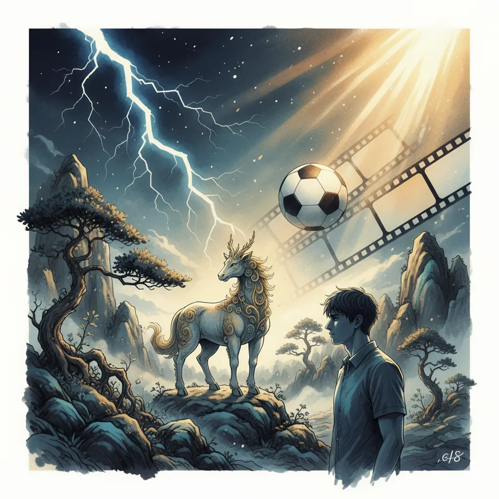 若い日本人男性が、雷鳴が轟く空の下、神聖な麒麟とサッカーボール、そして映画フィルムが浮かぶ幻想的な風景の中に立っている。彼の横顔は、将来への決意と希望に満ちている。