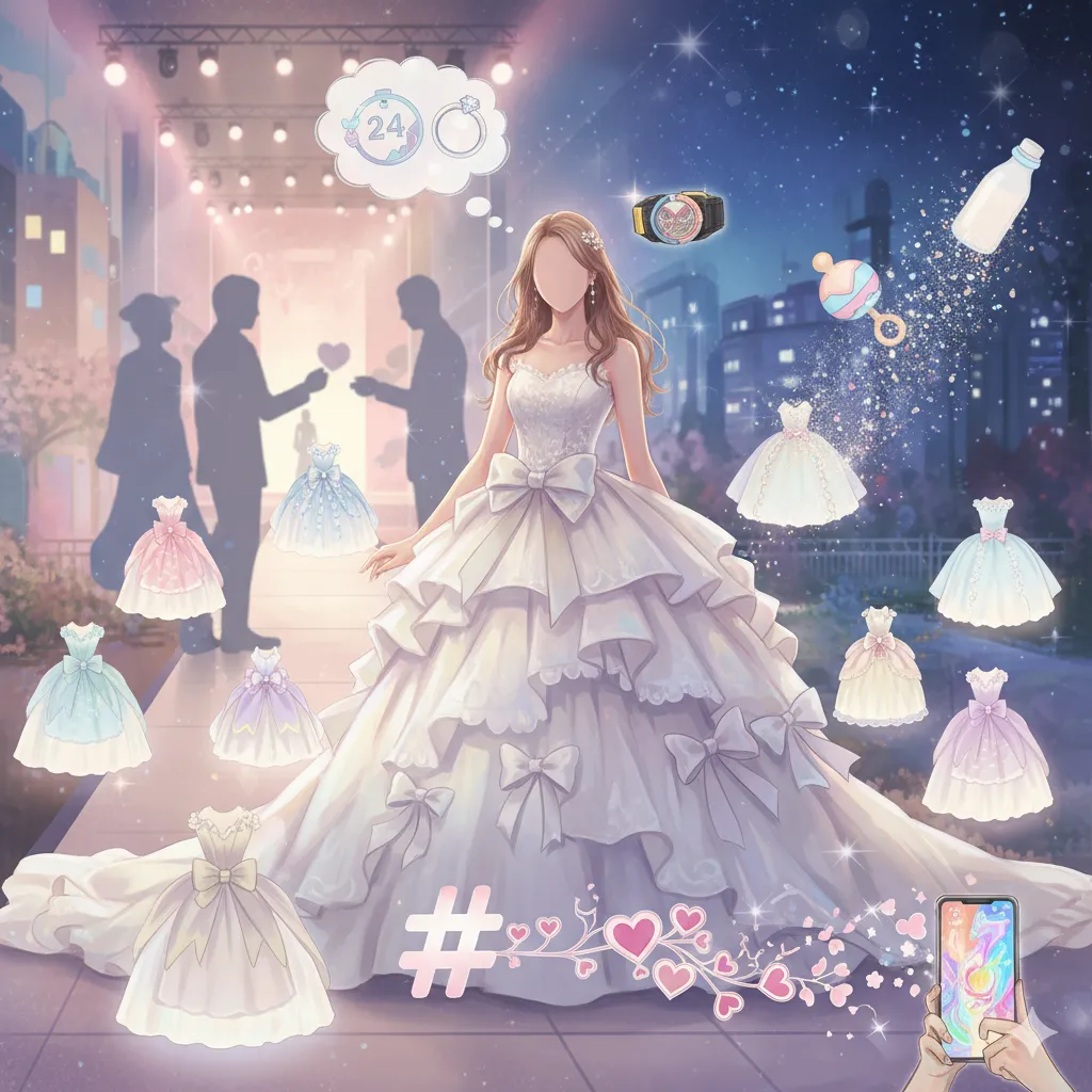 ウェディングドレスを着た女性と、結婚、キャリア、そしてファンとの交流を象徴する抽象的な要素が描かれたイラスト。