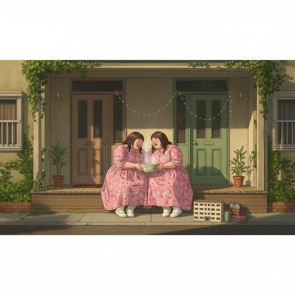 画像に写っているのは、同じアパートの隣同士の部屋の玄関前に座り、向かい合って笑顔で話し込んでいる二人の女性です。二人は、お互いの顔を見ながら、楽しそうに何かを分かち合っているようです。右側の女性の隣には、ミニチュアのアパートの模型と、積み重ねられたスーツケースが置かれています。アパートの壁には蔦が絡まり、玄関灯が灯り、温かい家庭的な雰囲気が漂っています。