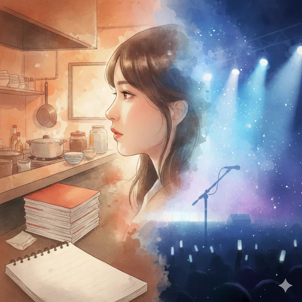 臨床心理士の夢とアイドル活動の選択を描いた、桜が舞う美しいイラスト。左側には大学のパンフレットや勉強ノートが置かれたキッチン、右側にはステージで輝くアイドルが描かれ、女性の横顔が両方の世界を繋いでいる。