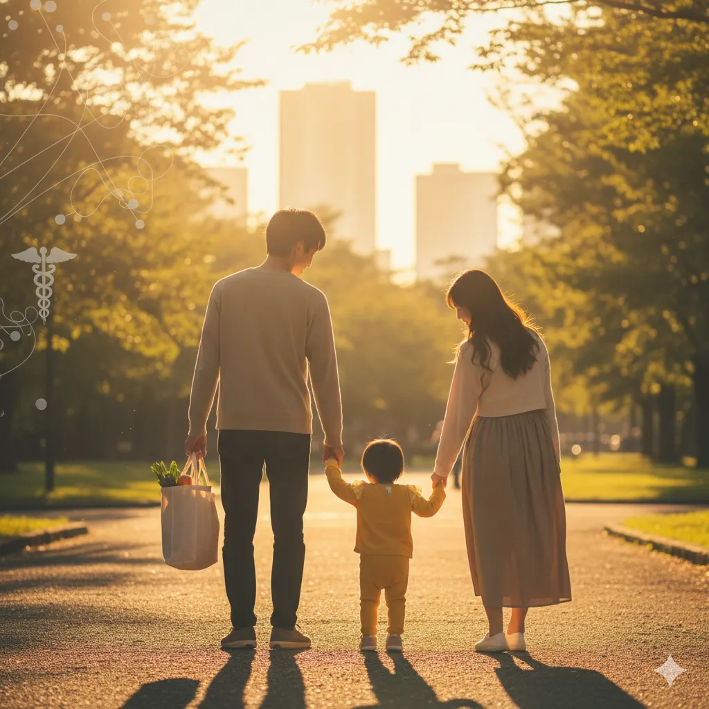 夕暮れの公園を散歩する家族の後ろ姿。父親は買い物袋を持っている。左上には医療と知性を象徴するグラフィックが描かれている。