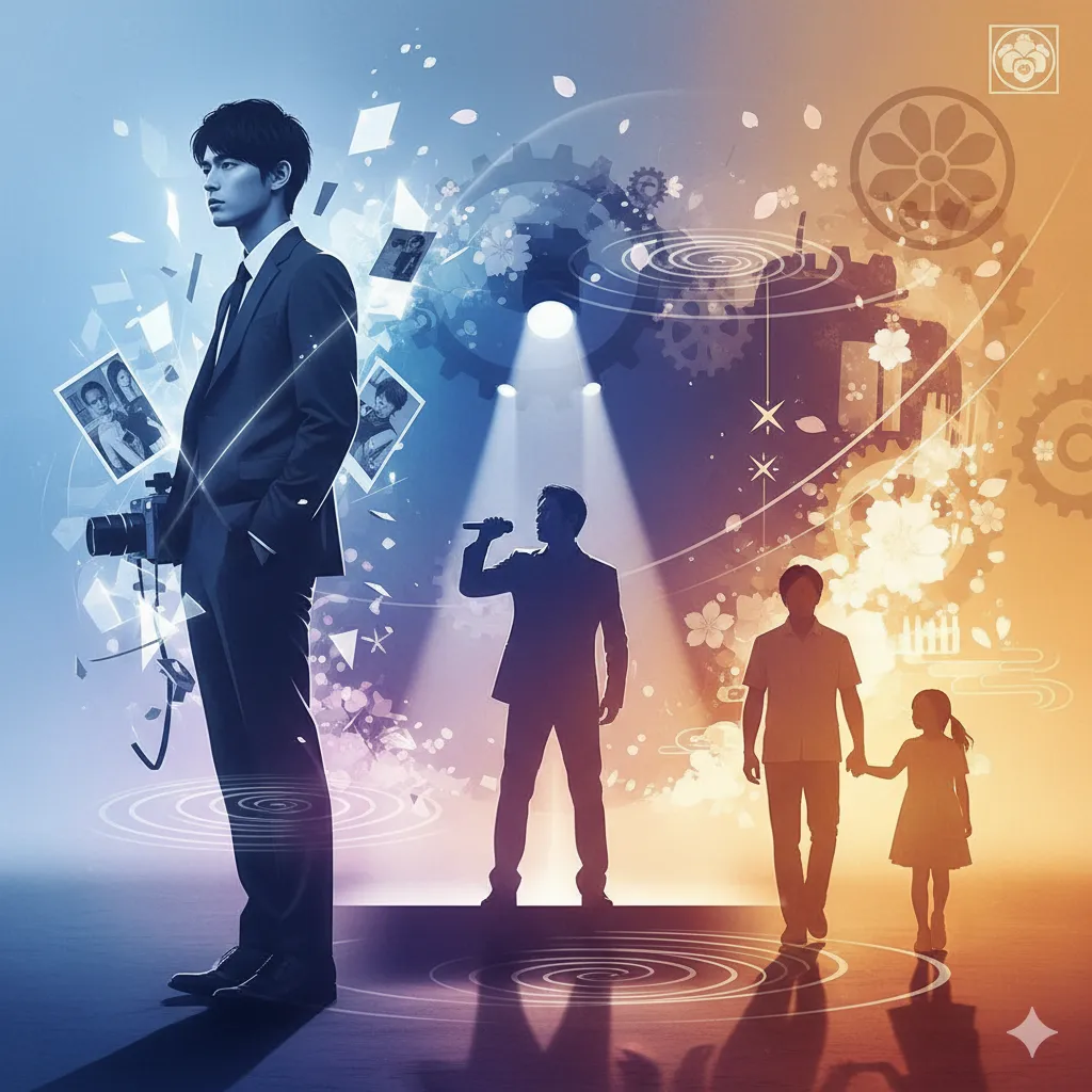青とオレンジのグラデーション背景に、左側にカメラを持つ若い男性モデル、中央にスポットライトを浴びてマイクを持つ歌手らしき人物、右側に手をつないで歩く父と娘のシルエットが描かれている。背景には歯車、桜の花びら、渦巻き模様などが散りばめられ、さまざまな要素が融合した抽象的なアートワーク。