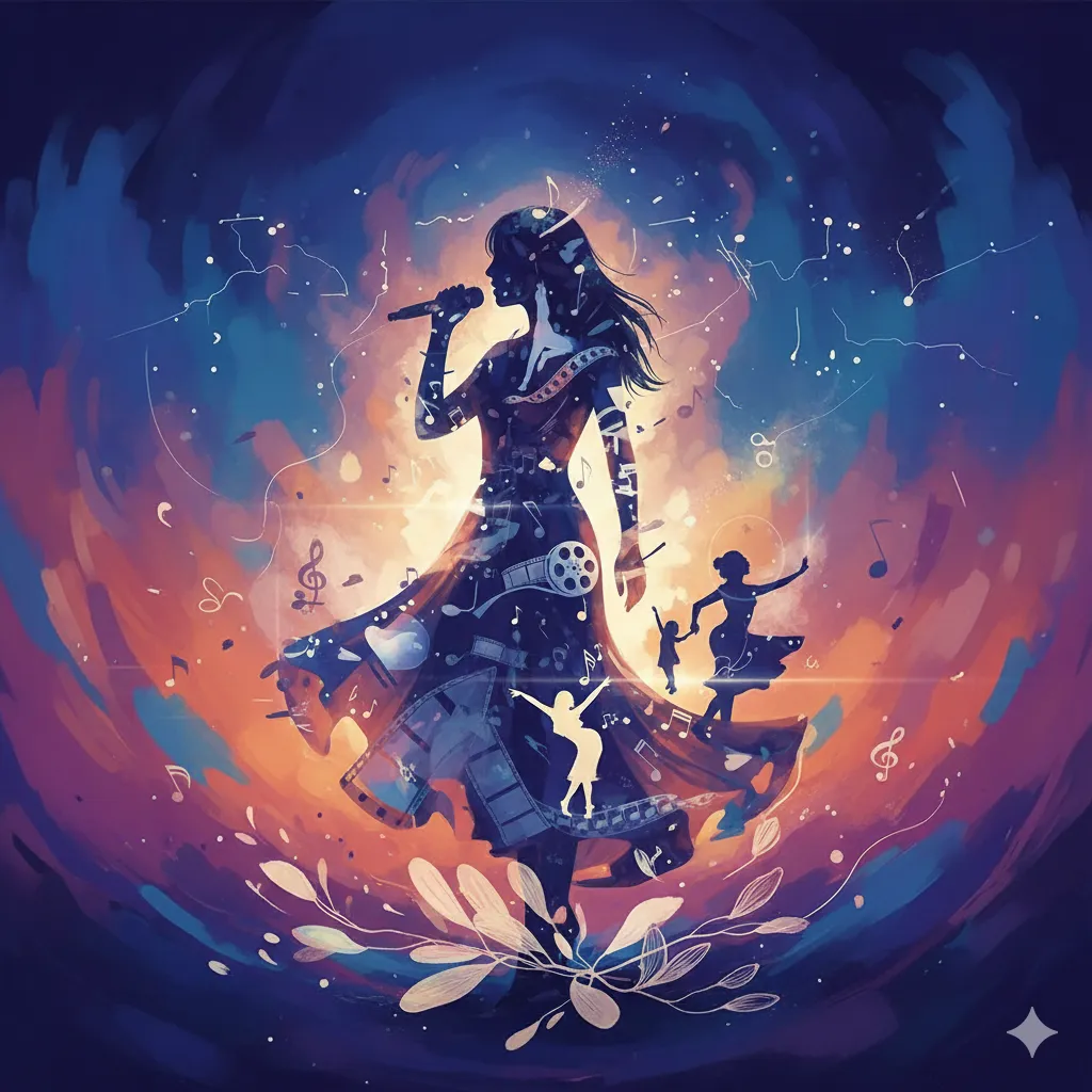 音楽とダンス、映画の要素が融合した、表現豊かな女性アーティストのシルエット。