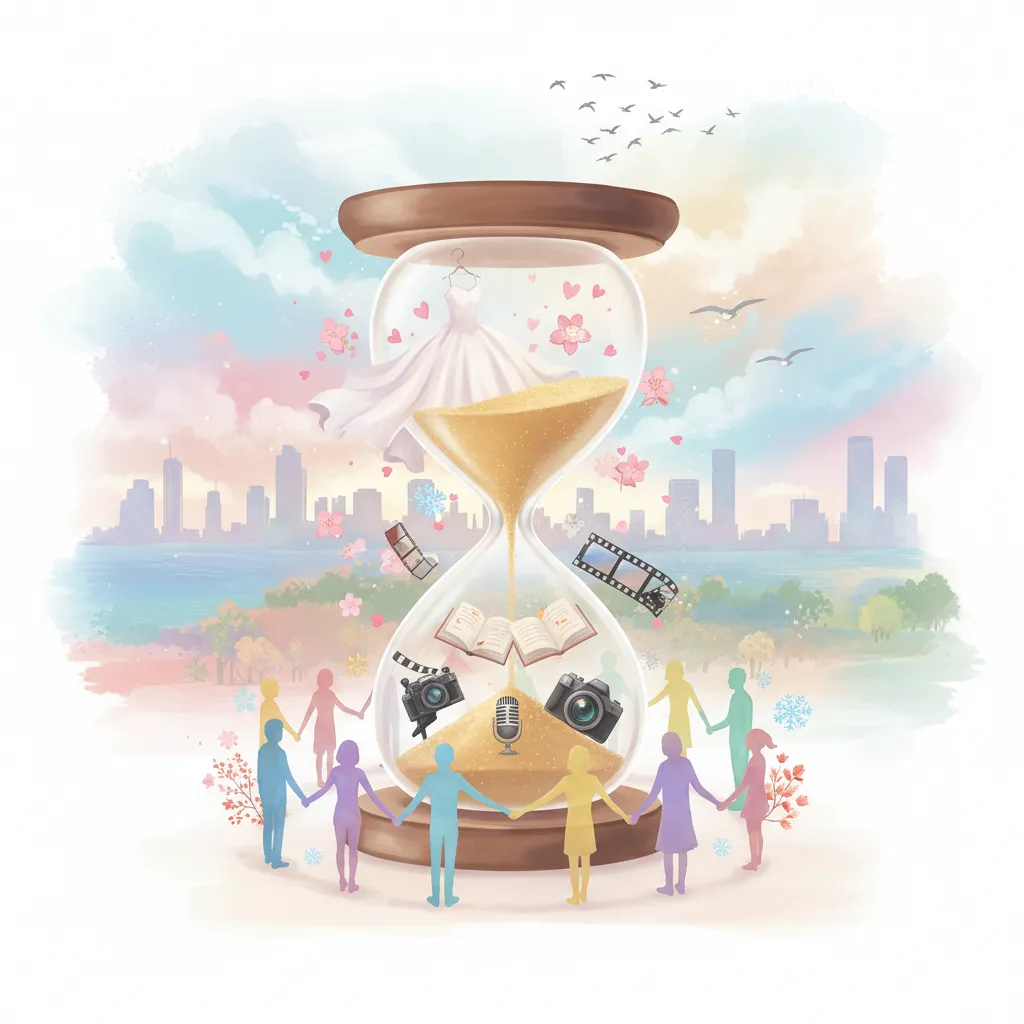 結婚観の変化とキャリアの積み重ねを砂時計で表現したイラスト。時間の流れと共に変わる価値観、仕事、そして人々との繋がりが描かれています。