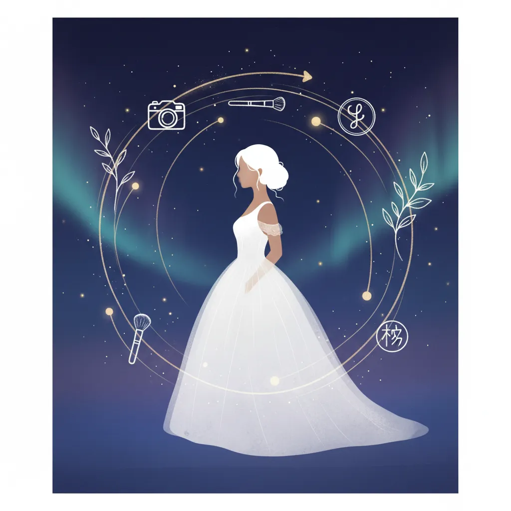 有村藍里さんの多様な活動と人生の歩みを象徴するイラスト。ウェディングドレス姿の女性を中心に、カメラ、化粧筆、香水瓶、植物のモチーフが円形に配置され、彼女のタレント活動、プロデュース業、そして自然体な魅力を表現しています。背景には星空とオーロラのような光が描かれ、未来への希望と輝きが感じられます。