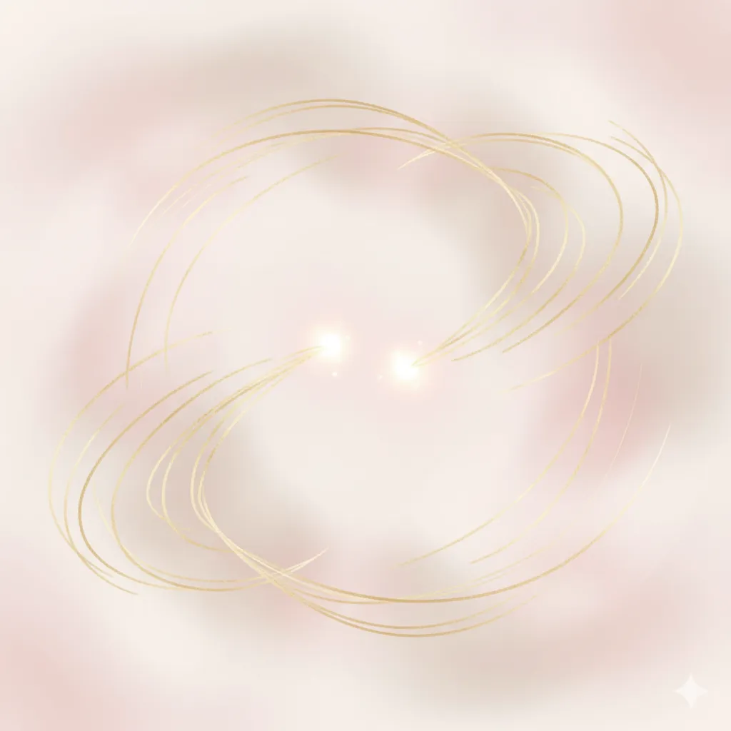淡いピンクとベージュの柔らかな背景に、二つの小さな光の粒が中央で輝いている。その周りを、繊細な金色の曲線が絡み合うように、あるいは互いを包み込むように描かれている。抽象的で、愛や運命的な結びつき、そして幸福感を象徴するような、温かく上品な雰囲気のイラスト。