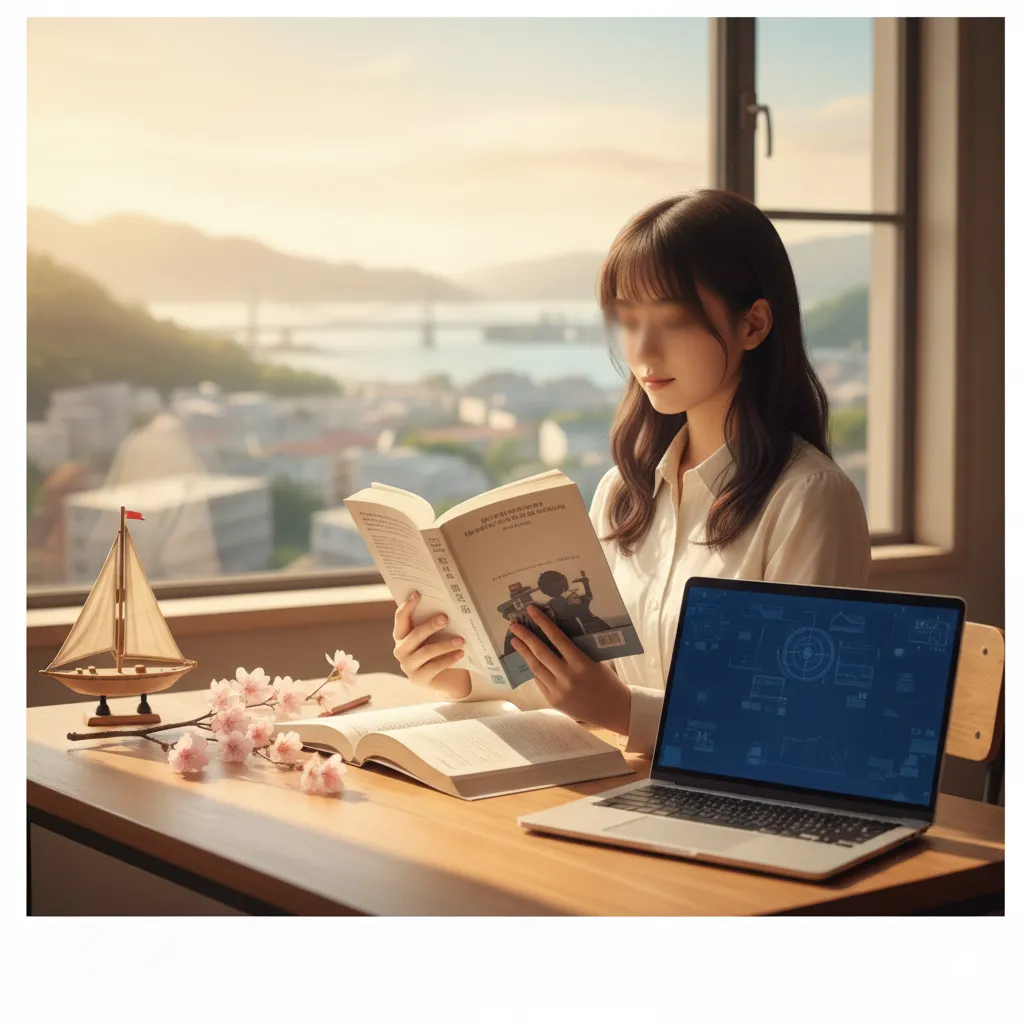 窓辺で本とノートパソコンに向かう女性のイラスト。机には桜の花とヨットの模型が置かれ、窓の外には港町の風景が広がる。