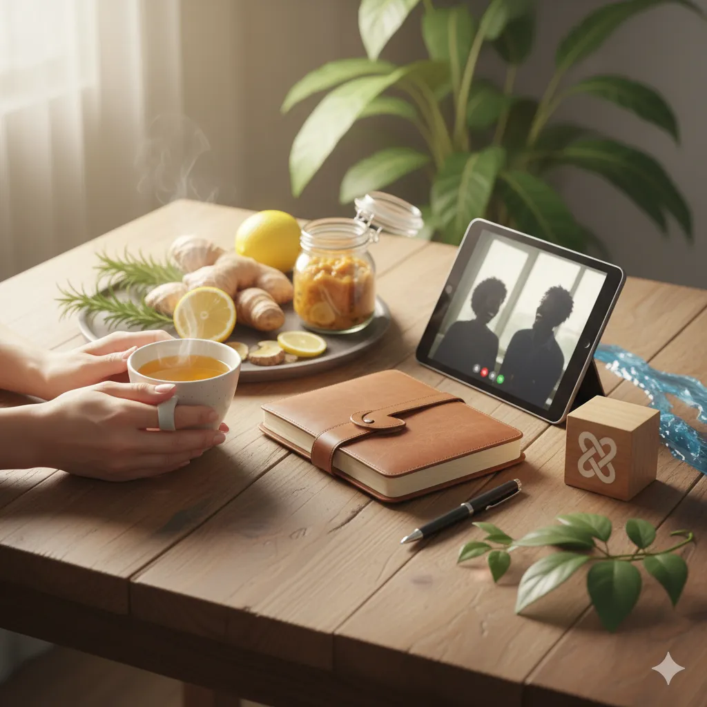 自然光が差し込む部屋の木製テーブルに、ハーブティーを両手で持っている人物の上半身が写っている。テーブルの上には、手帳とペン、ハーブとレモンの入った皿、タブレット端末が置かれており、タブレットには2人の人物が映っている。全体的に暖かく落ち着いた雰囲気。