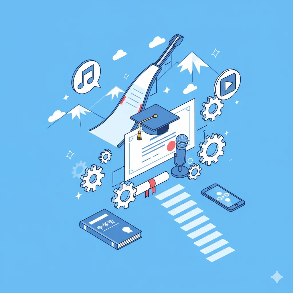 抽象的なイラストで、卒業証書、マイク、音符のアイコン、動画再生ボタンのアイコン、そして「中学生」と書かれた本が描かれている。