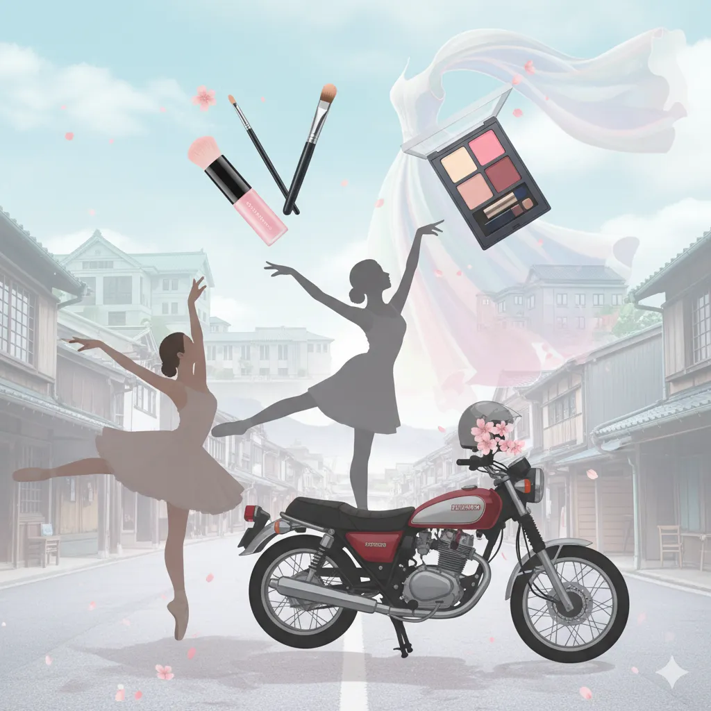 桜が舞う日本の古い街並みを背景に、バレエダンサーのシルエットと、メイク道具、ウェディングドレスのような布、そしてバイクが配置されたイメージ。