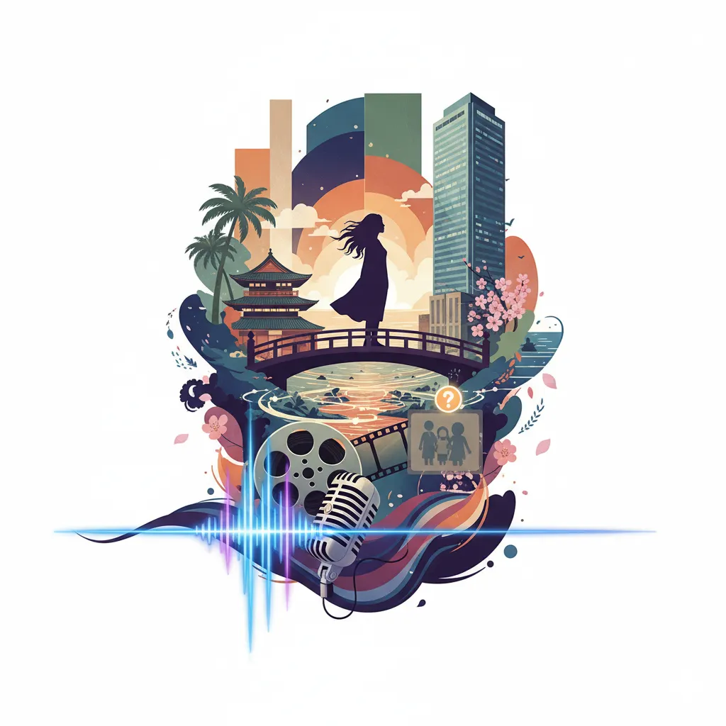 一人の女性が橋の上に立ち、彼女の周囲には日本とフィリピンの風景が融合した都市、桜、高層ビルが描かれています。下部には映画のフィルム、マイク、そして家族構成を示す疑問符のあるアイコンが配され、彼女の多才なキャリアとルーツ、そしてプライベートに関する問いを象徴しています。全体として、彼女の多様な側面がアートワークのように表現されています。