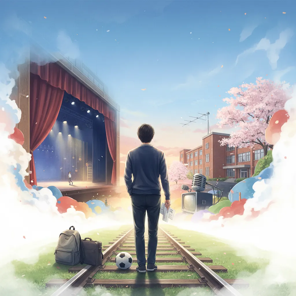 レールの上に立つ若者が、左手に輝く舞台、右手に学校とマイクやテレビを象徴するアイテムを見て、未来を選択しようとしている様子を描いたイラスト。