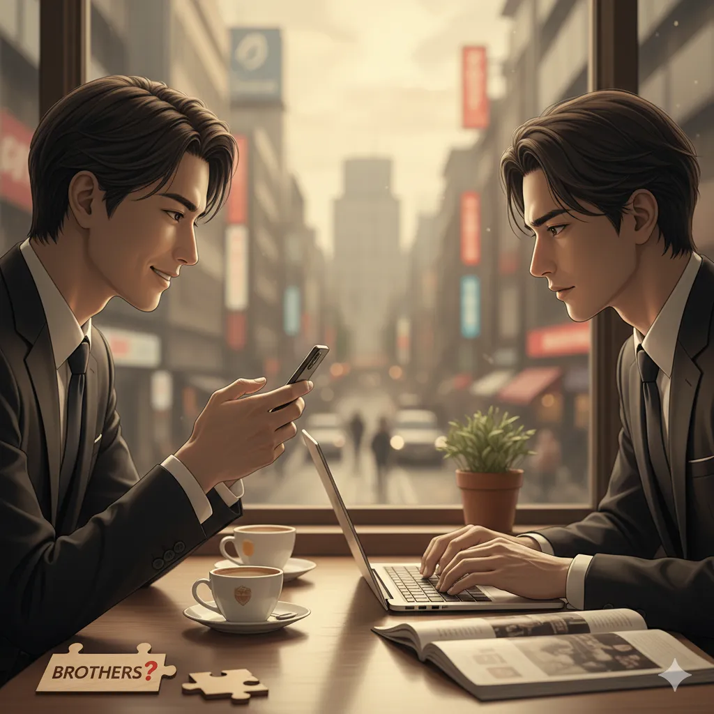 喫茶店で向かい合って座る二人の男性。一人はスマートフォンを見ていて、もう一人はノートパソコンを操作している。手前にはコーヒーカップとパズルのピース、そして「BROTHERS？」という文字が置かれている。背景には街の風景が見える。