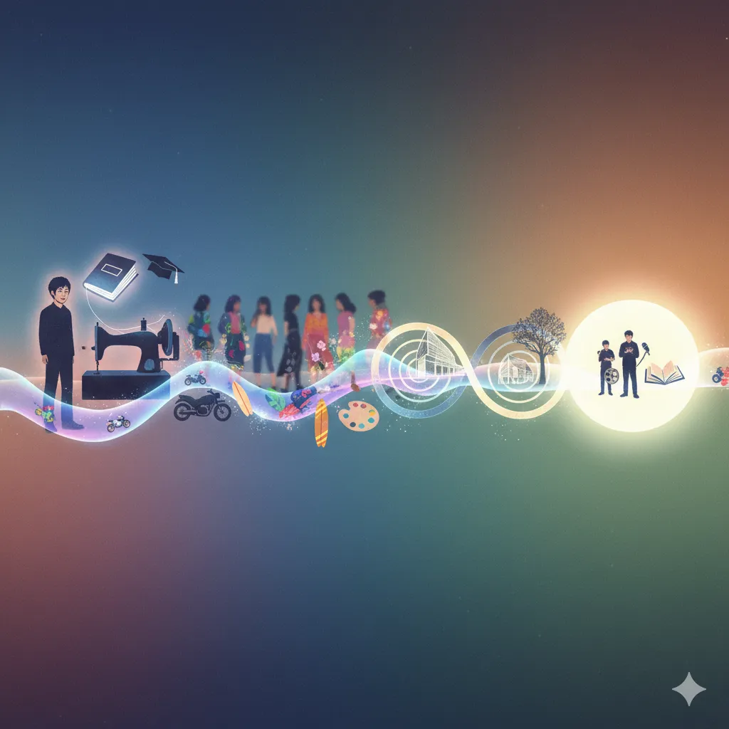 伊勢谷友介のこれまでの人生と現在の活動を象徴する要素が、時間軸に沿って抽象的に配置されたイメージ。左から幼少期、学び、仕事、趣味、社会活動、家族、そして現在の活動を表す要素が波状のラインでつながっている。中心には、ミシン、本、卒業帽、自転車、ファッション、絵画、アート作品、木々、そしてバイクやYouTube配信のアイコンなどが描かれ、彼の多岐にわたる人生と才能を表現している。