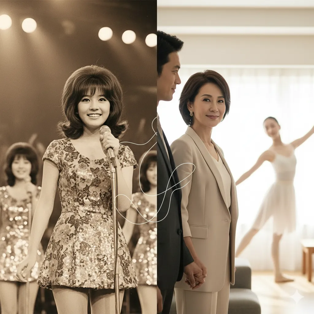 左半分はレトロなステージで歌うアイドル時代の日本人女性、右半分は現代の自宅で夫と手を取り合う成熟した日本人女性。背景にはバレエをする若い女性の姿が見える。二つの時代を繋ぐように白い線のモチーフが描かれている。