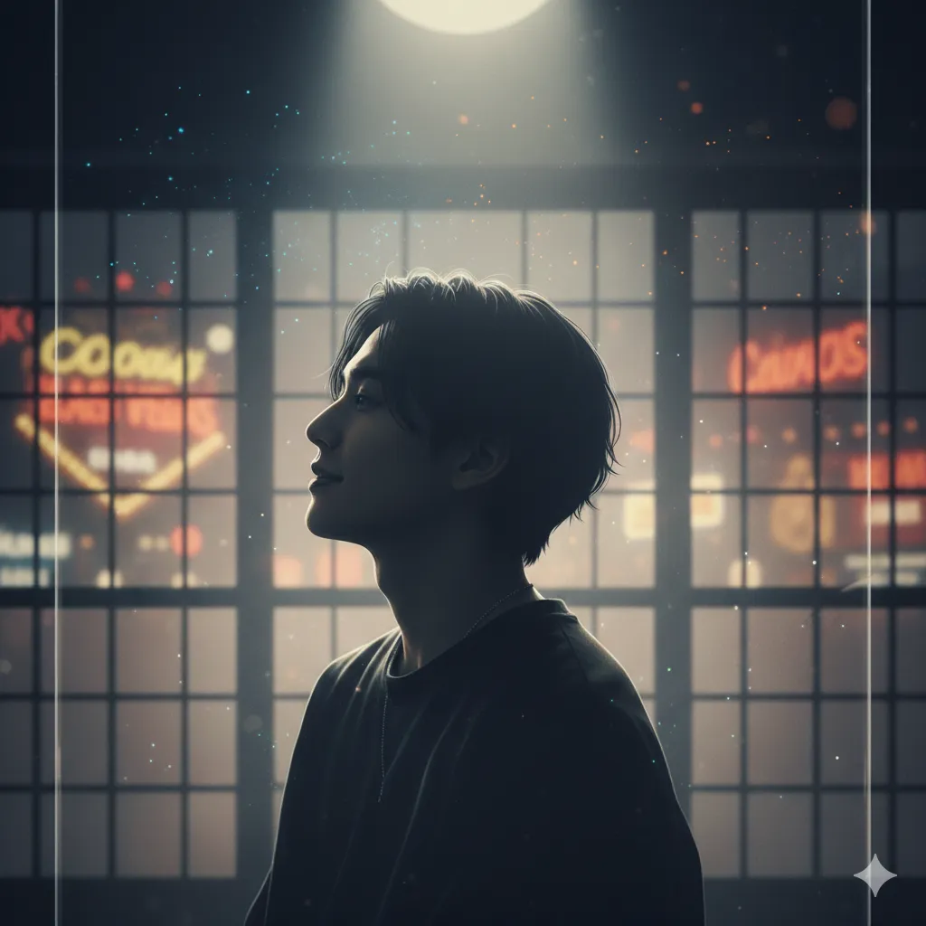 スポットライトが当たるステージに立つ、髪の短い男性の横顔。背景は格子状の窓枠と夜景が広がり、ミステリアスな雰囲気を醸し出している。