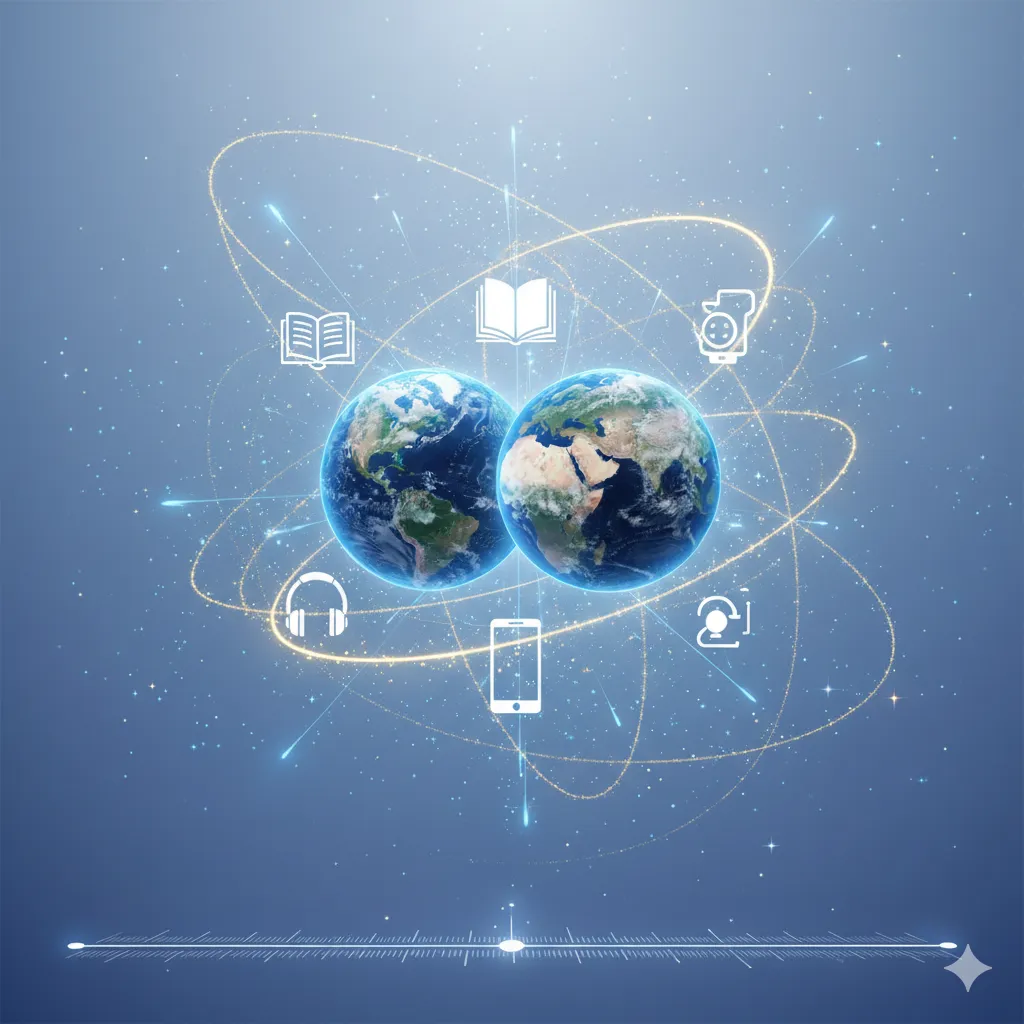 2つの地球儀が中央に配置され、その周りを本、ヘッドホン、スマートフォン、AIキャラクターなどの学習ツールを表すアイコンが囲んでいます。全体的に宇宙空間のような青い光に包まれており、学習が世界とつながるイメージを表現しています。