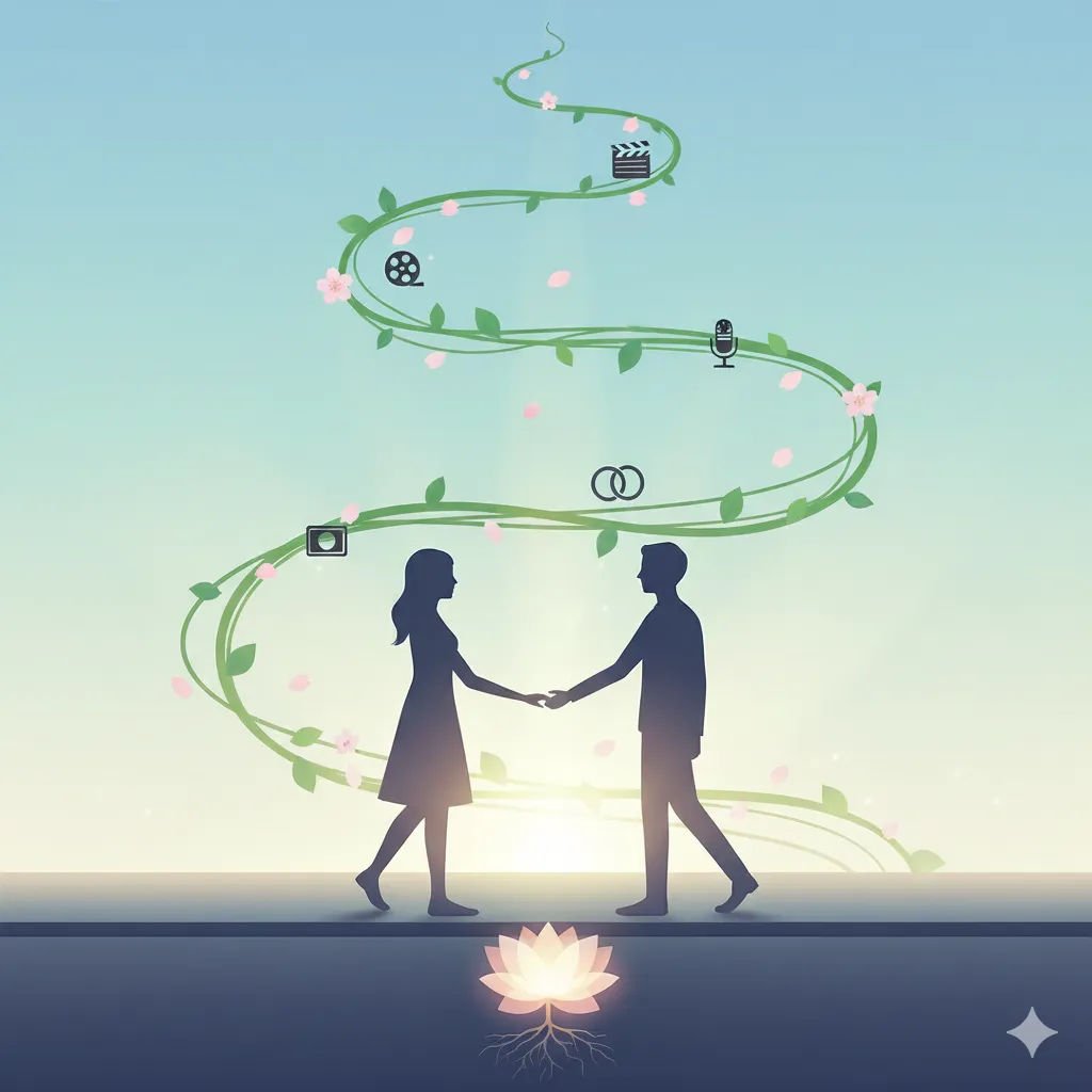 木隆之介さんのキャリアと恋愛を象徴する抽象画。男女のシルエットが手を取り合い、その周りにはツタが伸び、映画、テレビ、マイク、指輪のアイコンが配置されている。足元には根を張る蓮の花が描かれ、キャリアの基盤とファンとの絆を表現している。空には桜の花びらが舞い、全体的に淡い色調で希望に満ちた雰囲気を醸し出している。