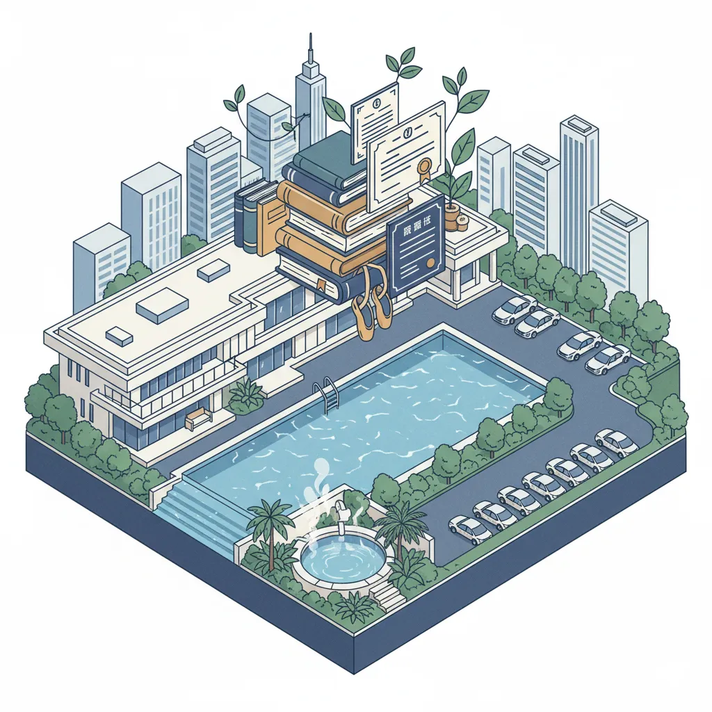 都心の豪邸、プール、露天風呂、複数台の車が停まる駐車場が描かれ、その上には学業や習い事を象徴する本、資格証書、バレエシューズが積み重ねられている。努力と豊かな環境が融合したイメージ。