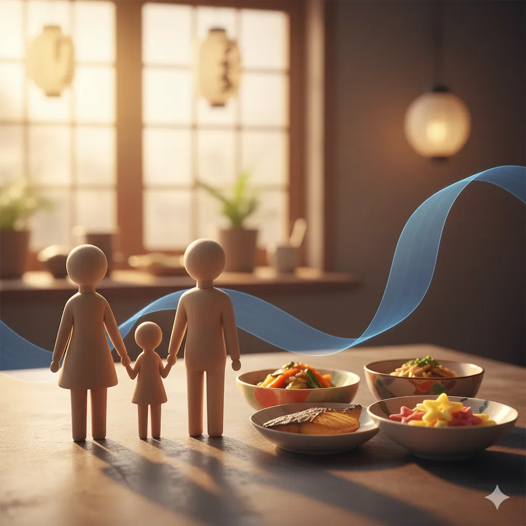 食卓に並んだ彩り豊かな料理と、家族を象徴する木製の人形が置かれています。奥には窓から光が差し込み、穏やかな家庭の雰囲気が漂っています。