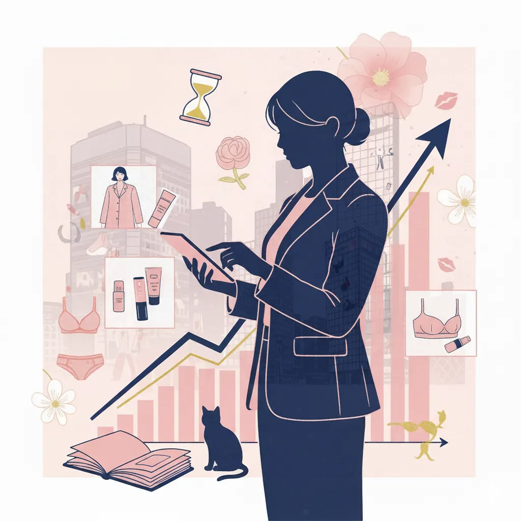 若い女性実業家がタブレットを操作し、その周りに婚約指輪、砂時計、バラ、リップマーク、メイク用品、ランジェリー、猫、書籍、そして上昇するグラフとビル群が抽象的に描かれているイラスト。女性のシルエットにはビルのイメージが重ねられている。