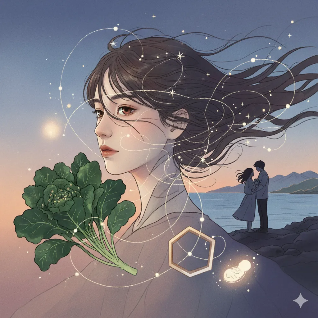 小松菜を抱えた女性の顔の周りを六角形のリング、紅葉の葉、夫婦らしき二人が取り囲み、キラキラとした光の糸で結ばれているイラスト。背景には海と空が広がる。