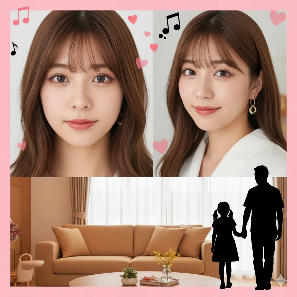 若い頃のギャルメイクと現在のナチュラルメイクを施した女性の顔、そして父親と手をつなぐ少女のシルエットが描かれたコラージュ画像。背景はピンクと暖色系のインテリアで構成され、音楽の記号とハートが散りばめられています。