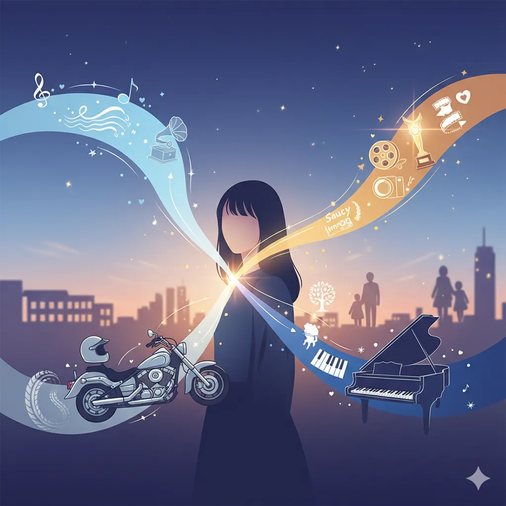 若い女性が夕焼けの都市を背景に立っており、彼女から伸びる光の帯の中に、ギター、バイク、ピアノ、映画のトロフィーなどの様々なアイコンが描かれている抽象的なイラスト。