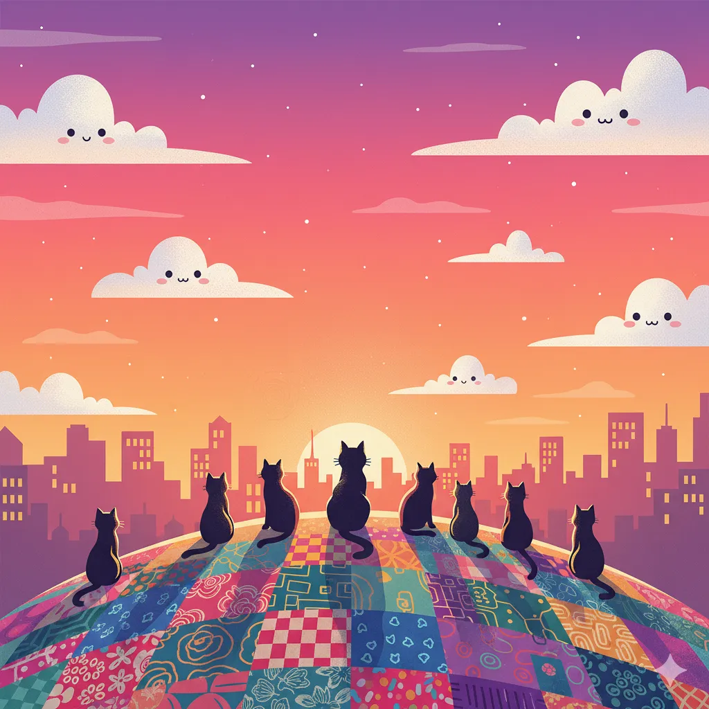 カラフルなパッチワークのような丘の上に複数の黒猫が座り、夕焼け空と都市のシルエットを眺めているイラスト。空には様々な表情の白い雲が浮かんでいる。