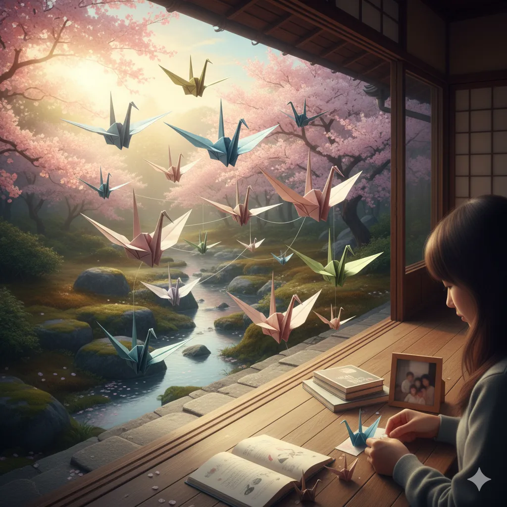 桜が満開の美しい庭園を望む日本家屋で、若い女性が折り鶴を折っている。窓からは多数のカラフルな折り鶴が飛び立ち、川の流れに沿って桜の木々を背景に舞っている。女性の手元には開かれた本と家族写真が置かれている。