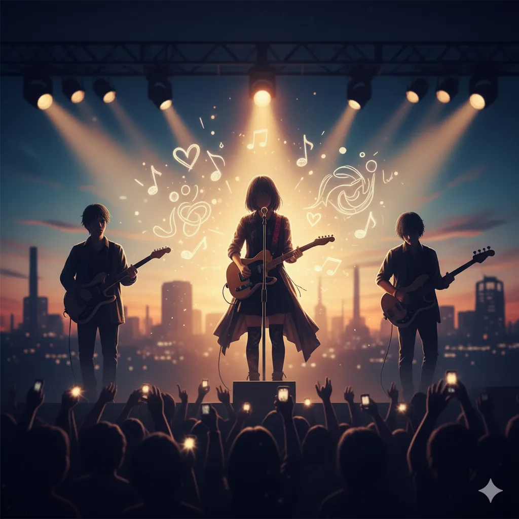 夜景を背景にステージで演奏するスリーピースバンドと、それをスマホで撮影する観客たちのライブ会場の様子。ボーカルの女性を中心に、音符やハートの抽象的な光のエフェクトが描かれている。