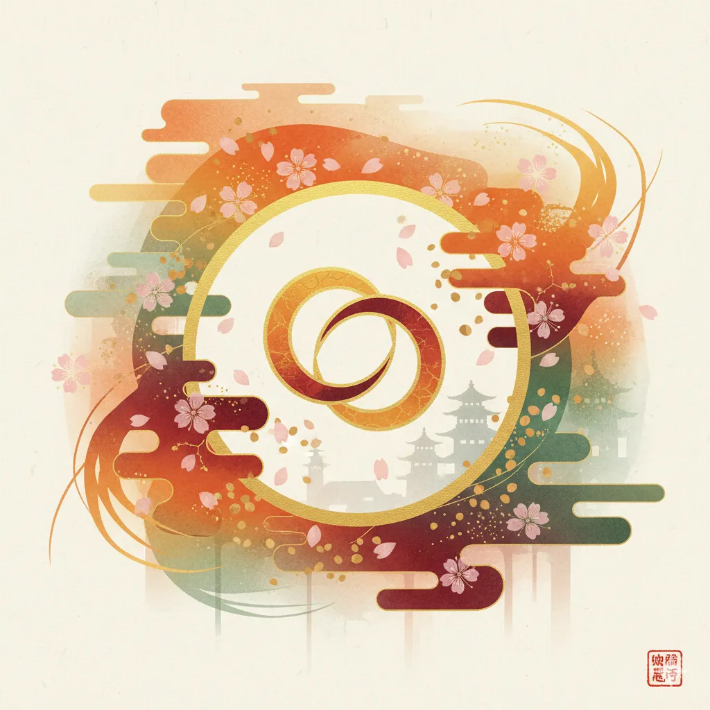 桜の花びらが舞う中、二つの指輪が重なり合う抽象的なイラスト。背景には日本の伝統的な建築物が霞んで描かれ、結婚と新たな始まりを象徴している。