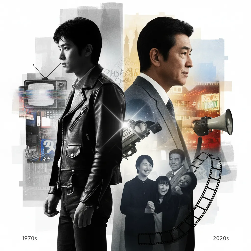 若い頃の反骨精神あふれる俳優と、現在の落ち着いた国民的俳優の姿を左右に配置し、それぞれの時代を象徴する要素をコラージュした画像。左側はモノクロで革ジャンを着た若者がテレビやネオン街を背景に立ち、右側はカラーでスーツ姿の男性が家族や映画のフィルム、メガホンなどを背景に立っている。全体的に過去から現在への時間の流れと、俳優としてのキャリアの変遷を表現している。